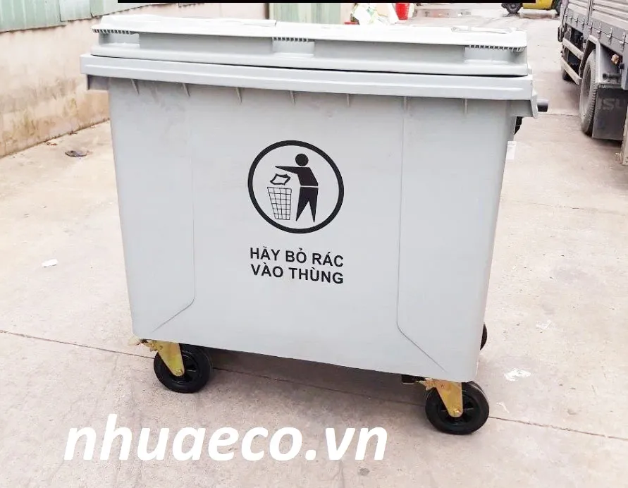 Xe thu gom rác 660 lít màu xám composite.