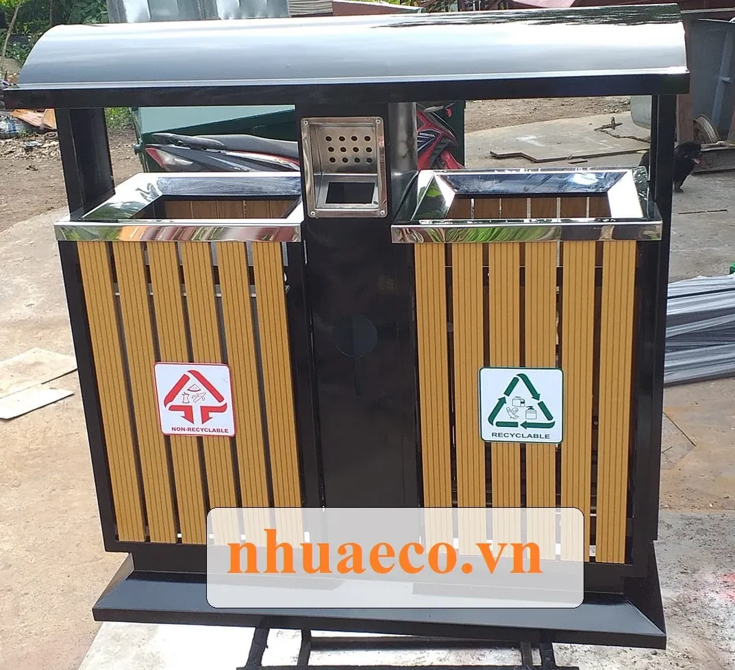 Thùng rác giả gỗ 2 ngăn mái vòm.