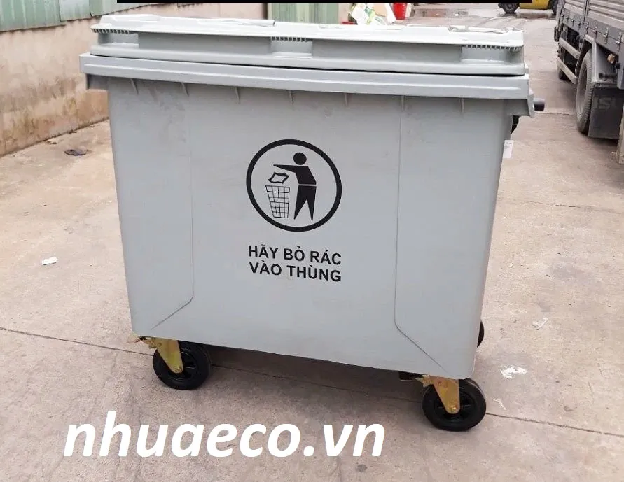 Xe thu gom rác 660 lít màu xám composite.