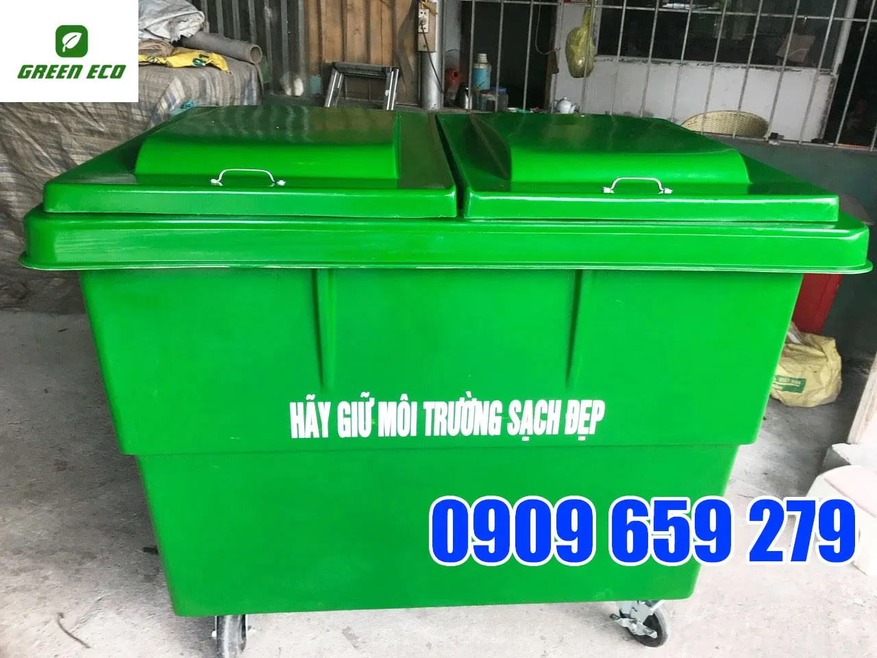 Xe thu gom rác composite 1000L có 4 bánh đúc đặc.