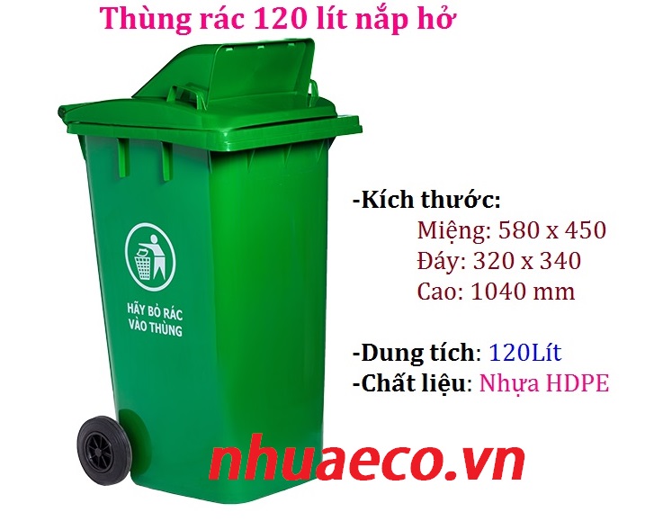 Thùng rác 120 lít nắp hở có 2 bánh xe dễ dàng di chuyển