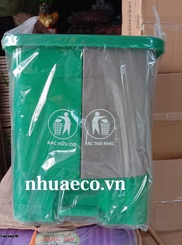 Thùng rác nhựa phân loại 2 ngăn 40L Xanh lá - Xám