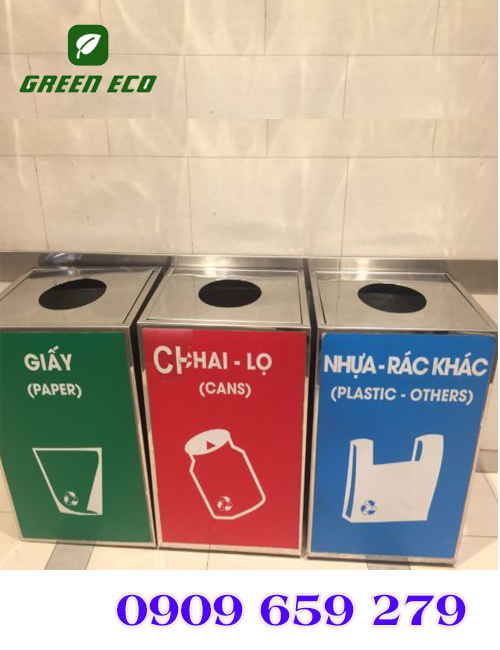 Thùng rác inox lớn 3 ngăn- phân loại rác thải trong trung tâm thương mại