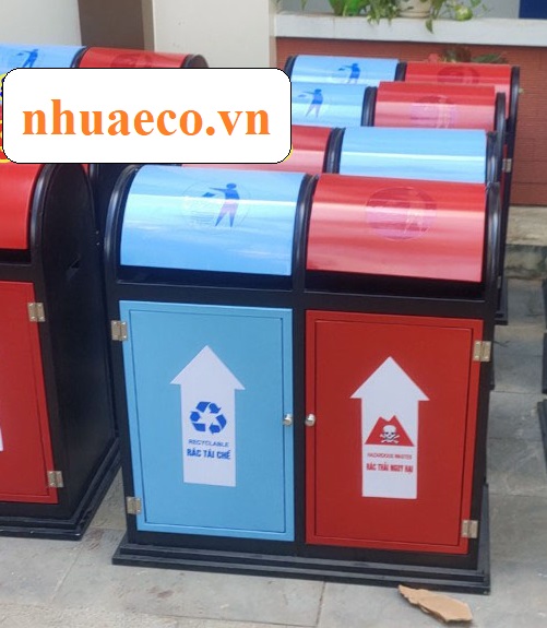 Thùng rác 2 ngăn thép nắp lật đẹp, tiện lợi