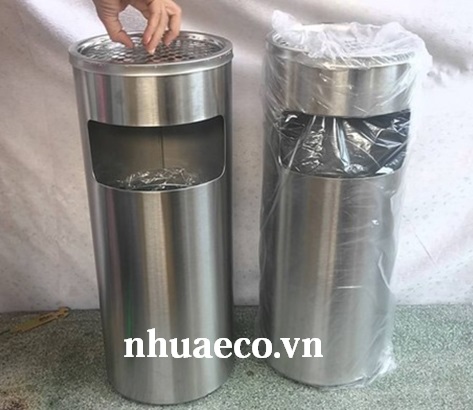 Thùng rác inox tròn có gạt tàn thuốc giá rẻ