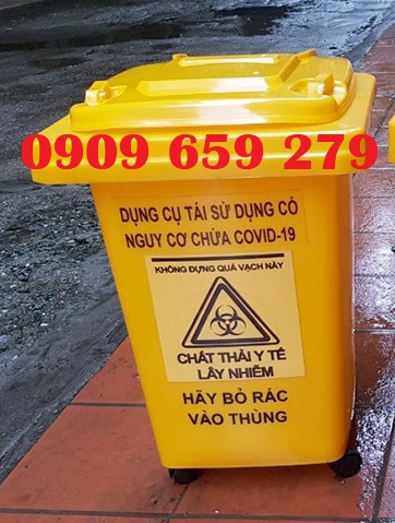 Thùng rác 60L dán nhãn cảnh báo rác thải có nguy cơ lây nhiễm COVID-19